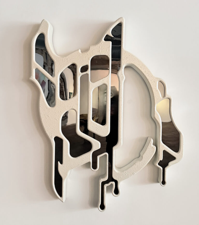 
20. NO-12 (Nixobsidian)
 Textured pearl white with grey mirror MDF, resin acrylic paint, cast mirrored acrylic, architectural grade aliphatic polyurethane 42.5 x 51 in $6,500