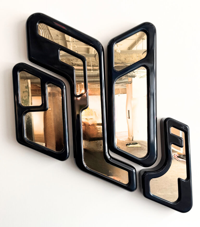 21. QICW-6 (Quercus ICW)
 Large black and blue with gold mirror MDF, metallic resin acrylic paint, aniline dye (candy paint), cast mirrored acrylic, high solids urethane clearcoat 48 x 55 in $10,000